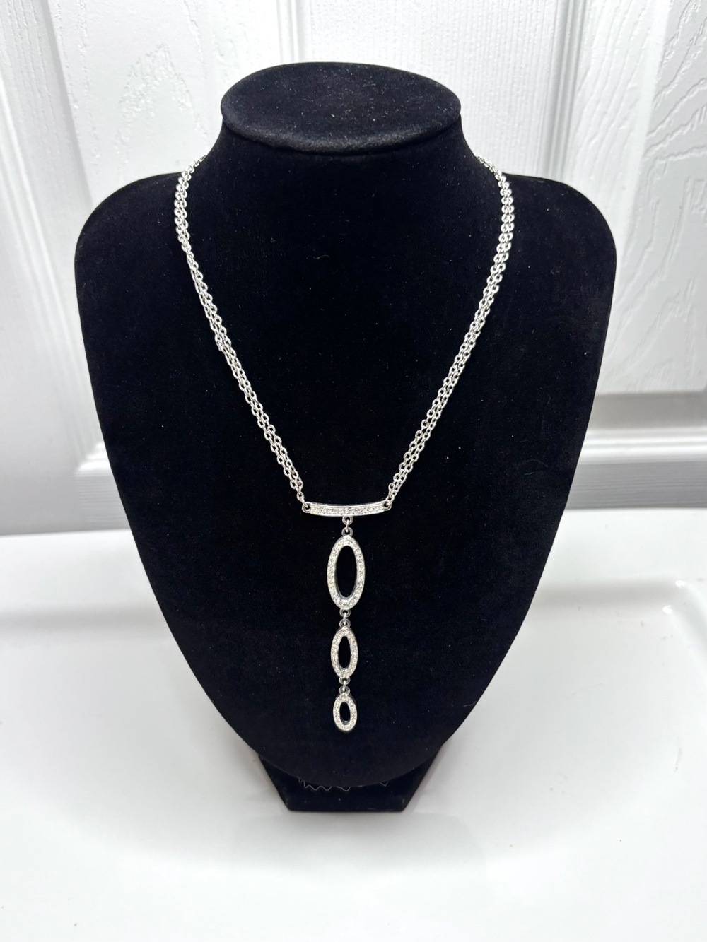 Vintage Napier Silver Tone Drop Necklace Rhinestones Signed